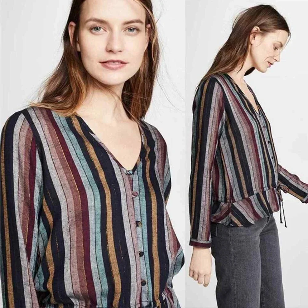 Rails Beaux Varadero Stripe Linen Blend Long Sleeve Blouse Medium - Picture 2 of 16